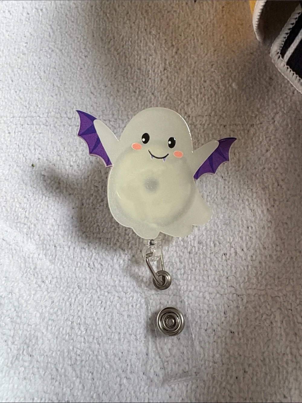 Ghost Badge Reel with Purple Bat Wings - Cute Halloween Accessory